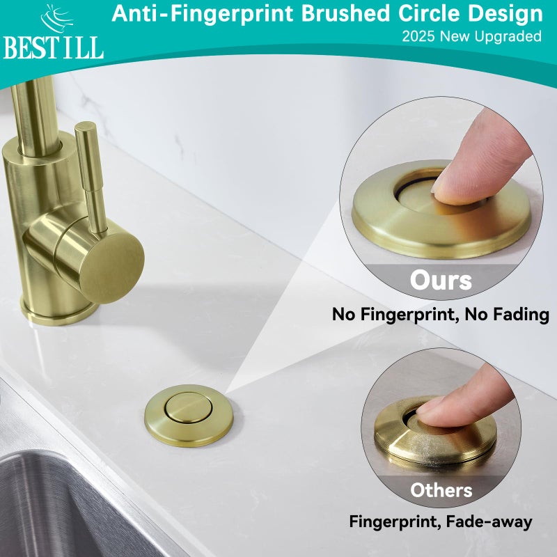 BESTILL Sink Top Garbage Disposal Air Switch Button with 5 Ft Air Hose, Brushed Gold 3.6" Long On/Off Push Button with Brass Cover, Compatible with all Power Modules - Image 2